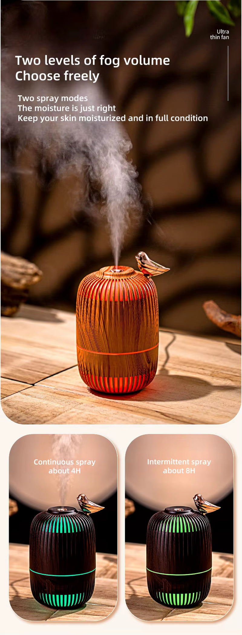 Portable Wood Grain Small Hollow Bird Cage Smart Cool Mist 7 Colors Ultrasonic Air Wood Humidifier for Car Bedrooms