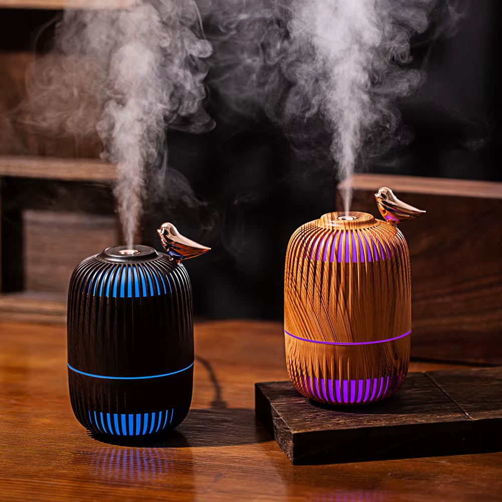 Portable Wood Grain Small Hollow Bird Cage Smart Cool Mist 7 Colors Ultrasonic Air Wood Humidifier for Car Bedrooms