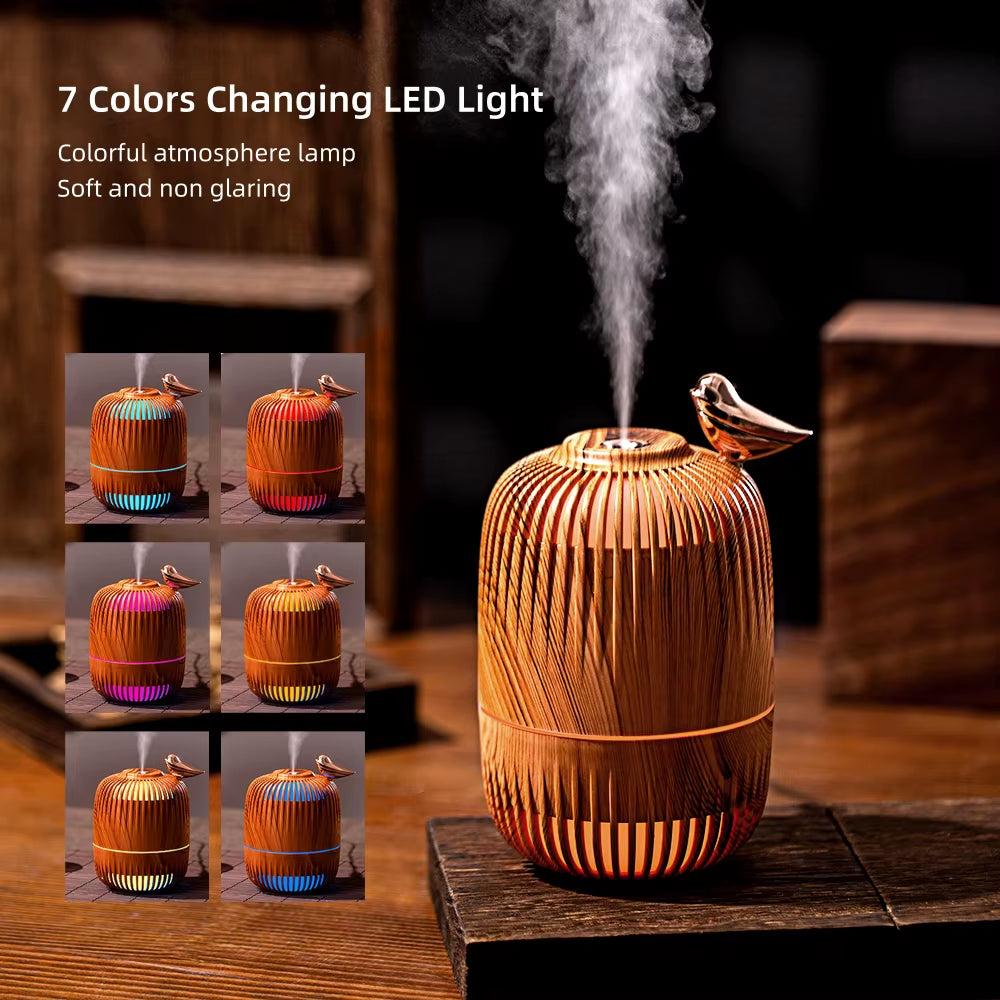 Portable Wood Grain Small Hollow Bird Cage Smart Cool Mist 7 Colors Ultrasonic Air Wood Humidifier for Car Bedrooms