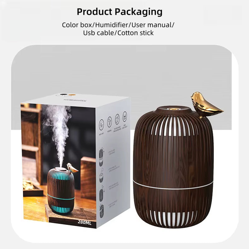 Portable Wood Grain Small Hollow Bird Cage Smart Cool Mist 7 Colors Ultrasonic Air Wood Humidifier for Car Bedrooms