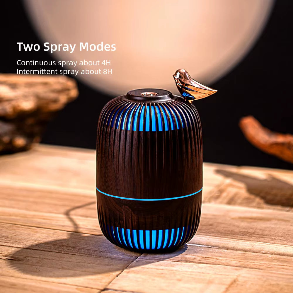 Portable Wood Grain Small Hollow Bird Cage Smart Cool Mist 7 Colors Ultrasonic Air Wood Humidifier for Car Bedrooms